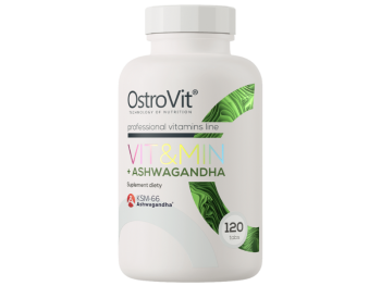 Zdjęcie przedstawia suplement diety OstroVit VIT&MIN + Ashwagandha, tabletki.