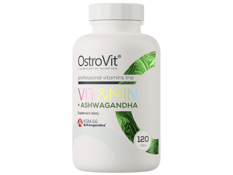 Zdjęcie przedstawia suplement diety OstroVit VIT&MIN + Ashwagandha, tabletki.