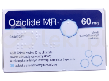 Zdjęcie przedstawia lek na receptę Oziclide MR, tabletki o zmodyfikowanym uwalnianiu, 60 mg.