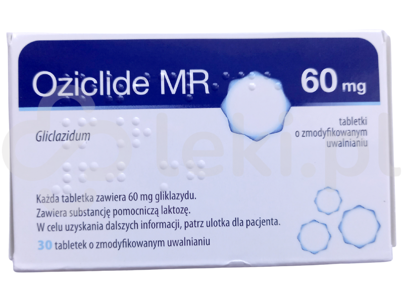 Zdjęcie przedstawia lek na receptę Oziclide MR, tabletki o zmodyfikowanym uwalnianiu, 60 mg.