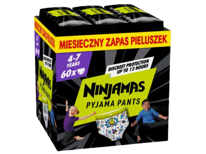 Zdjęcie przedstawia wyrób medyczny PAMPERS NINJAMAS Pieluchomajtki na noc dla chłopców 4-7 lat