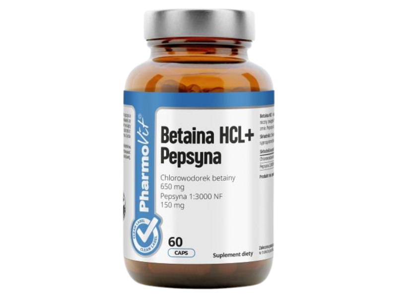 Zdjęcie przedstawia suplement diety PHARMOVIT Betaina HCL + Pepsyna, kapsułki