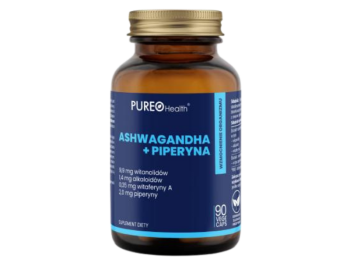 Zdjęcie przedstawia suplement diety PUREO Health Ashwagandha + Piperyna, kapsułki.