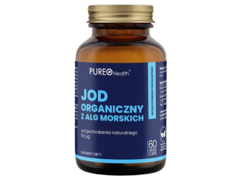 Zdjęcie przedstawia suplement diety PUREO Health Jod organiczny z alg morskich, kapsułki, 150 µg.