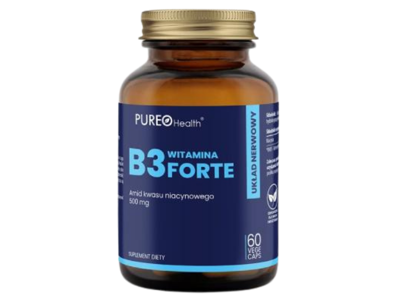Zdjęcie przedstawia suplement diety PUREO Health Witamina B3 Niacyna, kapsułki, 500 mg.