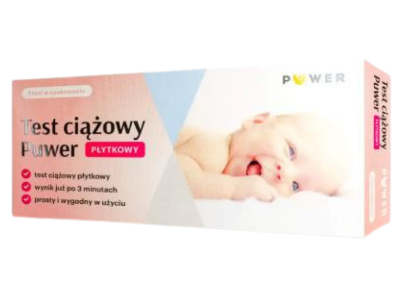 Zdjęcie przedstawia wyrób medyczny PUWER Test ciążowy płytkowy, test diagnostyczny.