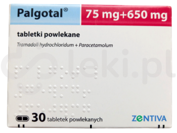 Zdjęcie przedstawia lek na receptę Palgotal, tabletki powlekane, 75 mg + 650 mg.
