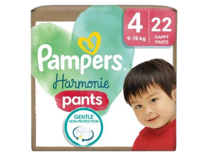Zdjęcie przedstawia wyrób medyczny Pampers Harmonie Baby Pieluchomajtki rozmiar 4 9-15kg.