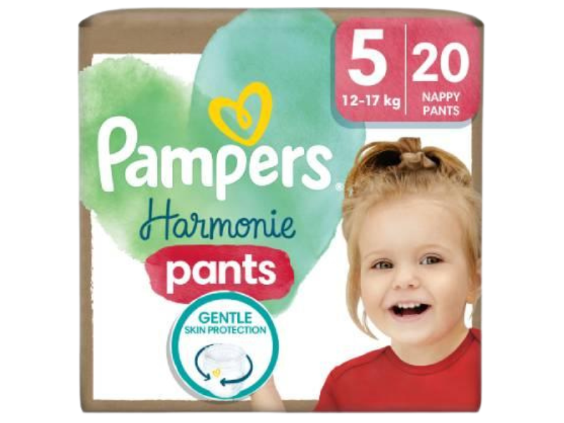 Zdjęcie przedstawia wyrób medyczny Pampers Harmonie Baby Pieluchomajtki rozmiar 5 12kg-17kg.