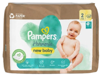 Zdjęcie przedstawia wyrób medyczny Pampers Harmonie New Baby Pieluszki rozmiar 2 Mini, pieluchy.