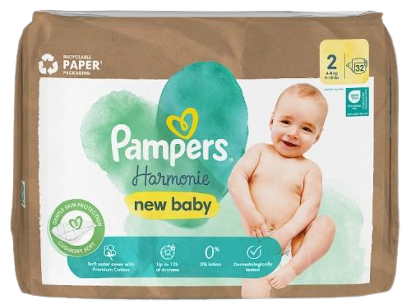 Zdjęcie przedstawia wyrób medyczny Pampers Harmonie New Baby Pieluszki rozmiar 2 Mini, pieluchy.