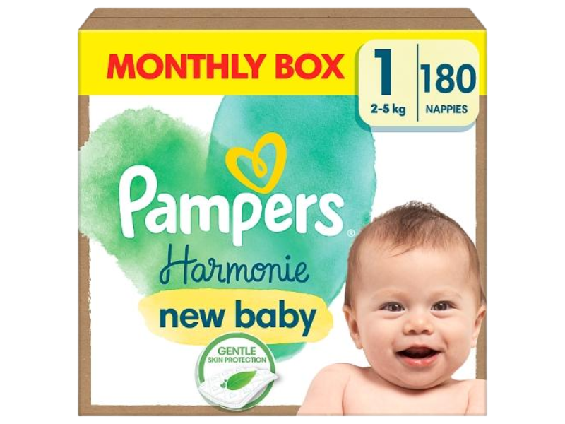 Zdjęcie przedstawia wyrób medyczny Pampers Harmonie Pieluszki rozmiar 1 New Born 2-5kg, pieluchomajtki.