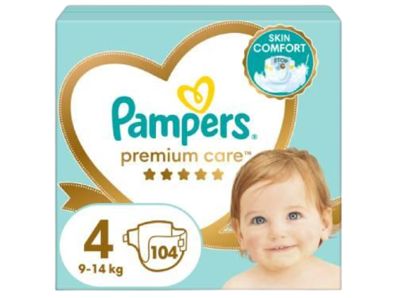 Zdjęcie przedstawia wyrób medyczny Pampers Premium Care Pieluszki rozmiar 4, 9-14kg, pieluchomajtki.