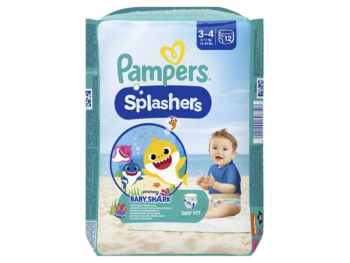 Zdjęcie przedstawia wyrób medyczny Pampers Splashers Baby Shark jednorazowe pieluszki do pływania, pieluchomajtki
