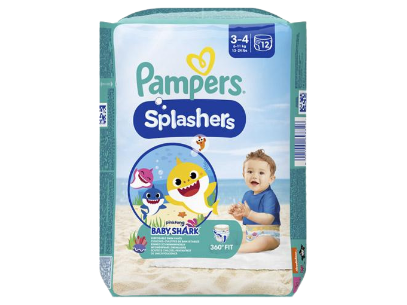 Zdjęcie przedstawia wyrób medyczny Pampers Splashers Baby Shark jednorazowe pieluszki do pływania, pieluchomajtki