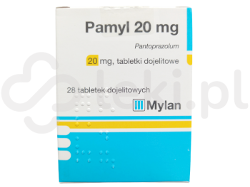 Zdjęcie przedstawia lek na receptę Pamyl, tabletki dojelitowe, 20 mg.