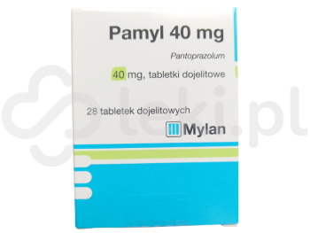 Zdjęcie przedstawia lek na receptę Pamyl, tabletki dojelitowe, 40 mg.