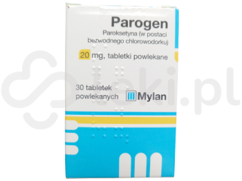 Zdjęcie przedstawia lek na receptę ParoGen, tabletki powlekane, 20 mg.