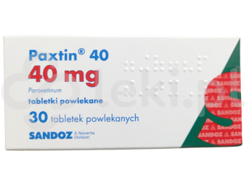 Zdjęcie przedstawia lek na receptę Paxtin 40, tabletki powlekane, 40 mg.