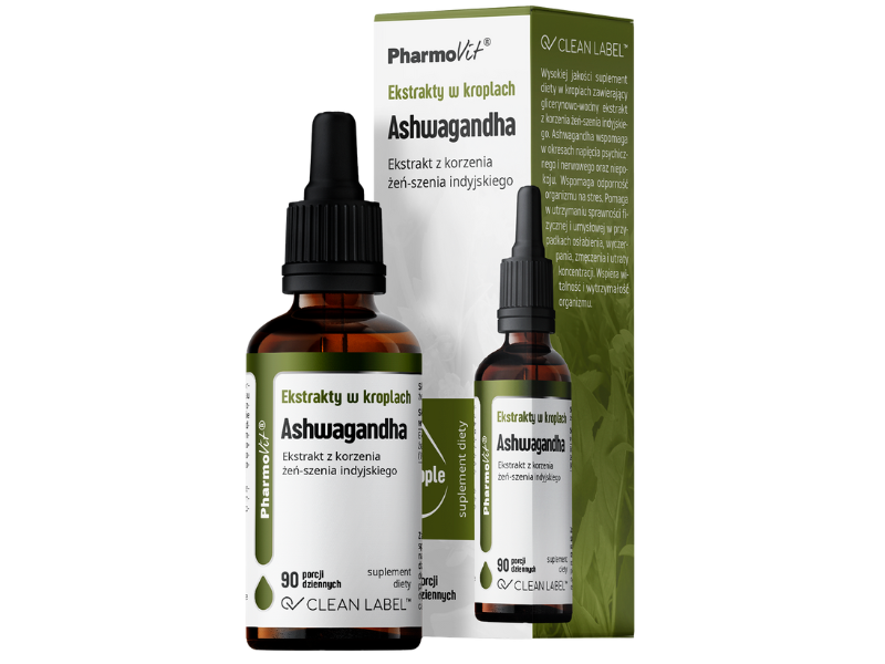 Zdjęcie przedstawia suplement diety Pharmovit Ekstrakty w kroplach Ashwagandha, krople.