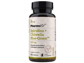 Zdjęcie przedstawia suplement diety Pharmovit Spirulina + Chlorella Blue Green, tabletki.