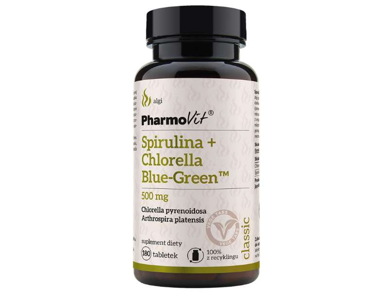 Zdjęcie przedstawia suplement diety Pharmovit Spirulina + Chlorella Blue Green, tabletki.