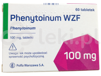 Zdjęcie przedstawia lek na receptę Phenytoinum WZF, tabletki, 100 mg.
