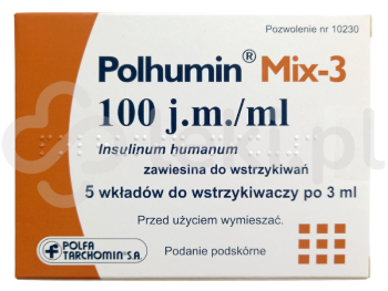 Zdjęcie przedstawia lek na receptę Polhumin Mix - 3, zawiesina do wstrzykiwań, 100 j.m./ml.