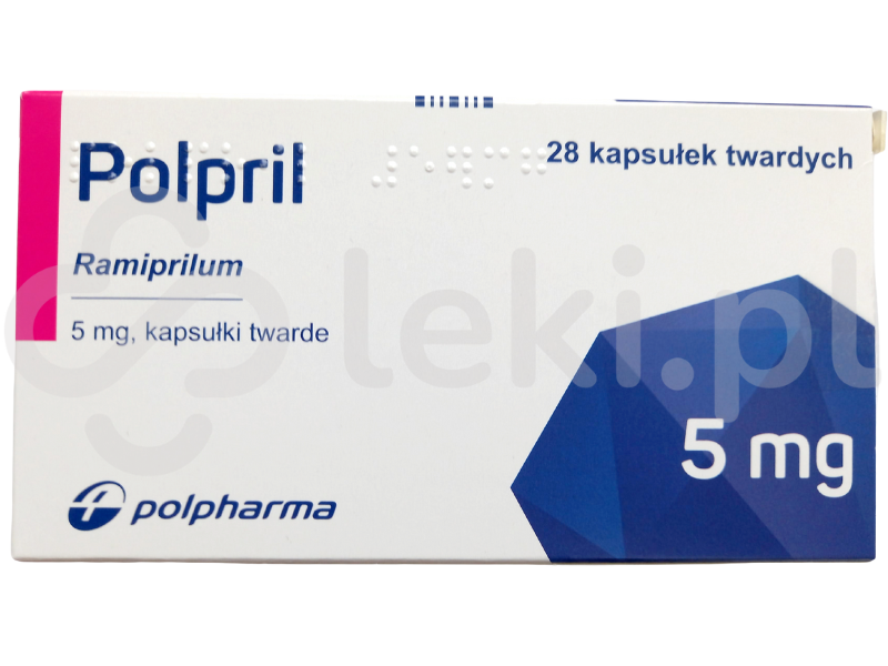 Zdjęcie przedstawia lek na receptę Polpril, kapsułki twarde, 5 mg.