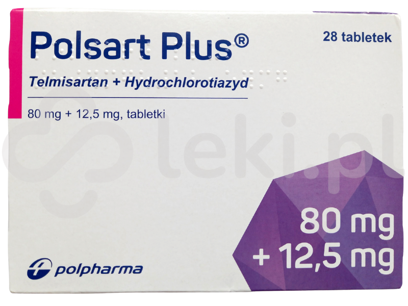 Zdjęcie przedstawia lek na receptę Polsart Plus, tabletki, 80 mg + 12,5 mg.
