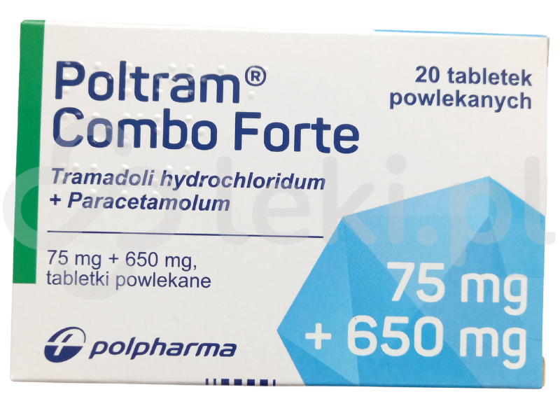 Zdjęcie przedstawia lek na receptę Poltram Combo Forte, tabletki powlekane, 75 mg + 650 mg.