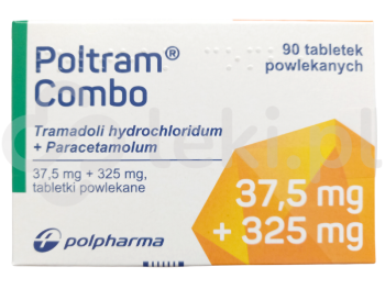 Zdjęcie przedstawia lek na receptę Poltram Combo, tabletki powlekane, 37,5 mg + 325 mg.