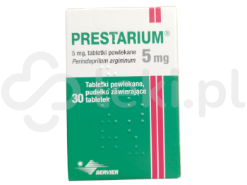 Zdjęcie przedstawia lek na receptę Prestarium, tabletki powlekane, 5 mg.