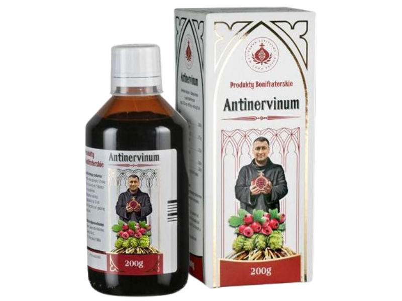 Zdjęcie przedstawia lek bez recepty Produkty Bonifraterskie Antinervinum, syrop, 1032 mg + 903 mg + 645 mg/5 ml.