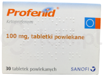 Zdjęcie przedstawia lek na receptę Profenid, tabletki powlekane, 100 mg.