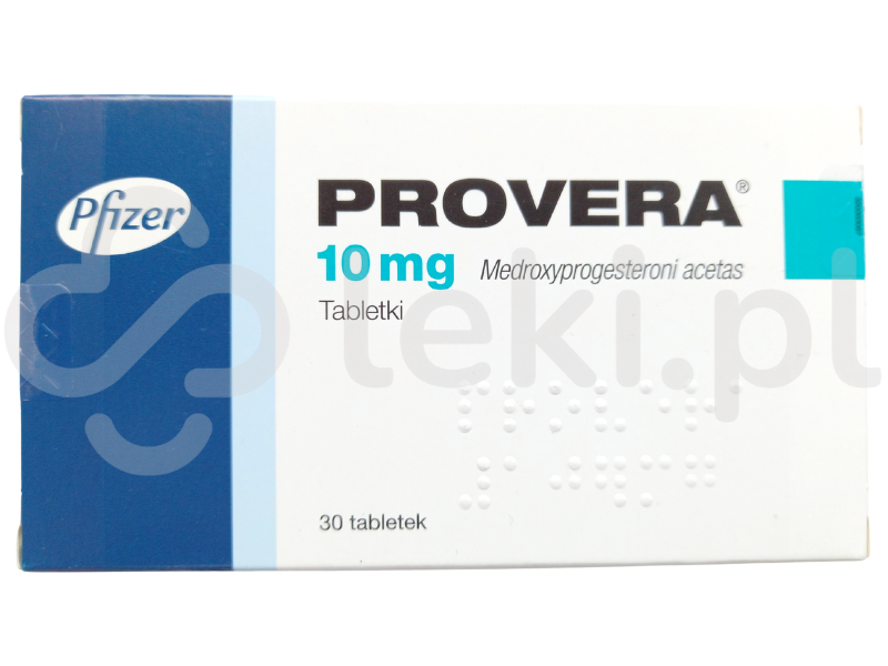 Zdjęcie przedstawia lek na receptę Provera, tabletki, 10 mg.
