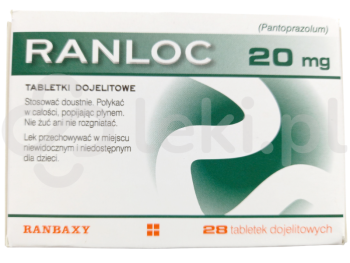 Zdjęcie przedstawia lek na receptę Ranloc, tabletki dojelitowe, 20 mg.