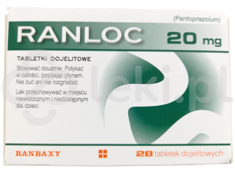Zdjęcie przedstawia lek na receptę Ranloc, tabletki dojelitowe, 20 mg.