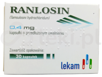 Zdjęcie przedstawia lek na receptę Ranlosin, kapsułki o przedłużonym uwalnianiu, 0,4 mg.