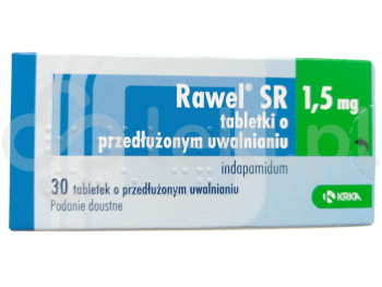 Zdjęcie przedstawia lek na receptę Rawel SR, tabletki powlekane o przedłużonym uwalnianiu, 1,5 mg.