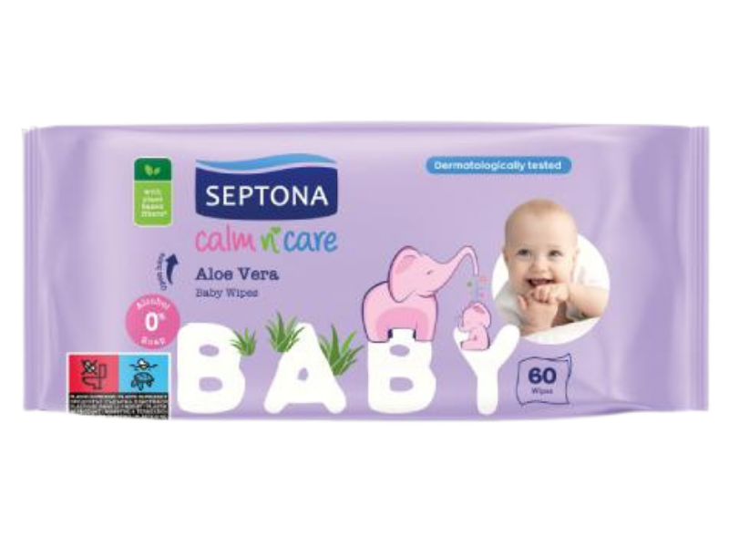 Zdjęcie przedstawia kosmetyk SEPTONA Baby Nawilżane chusteczki dla dzieci i niemowląt z aloesem.