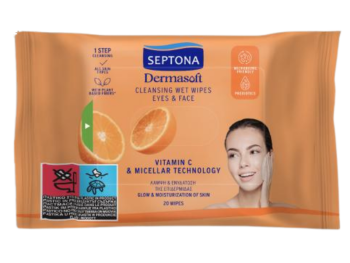 Zdjęcie przedstawia kosmetyk SEPTONA Dermasoft Oczyszczające chusteczki nawilżane z witaminą C i technologią micelarną do twarzy i oczu.