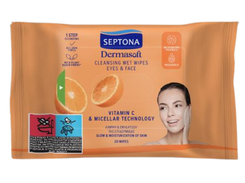 Zdjęcie przedstawia kosmetyk SEPTONA Dermasoft Oczyszczające chusteczki nawilżane z witaminą C i technologią micelarną do twarzy i oczu.