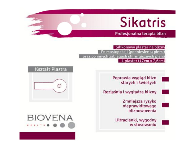 Zdjęcie przedstawia wyrób medyczny SIKATRIS Plaster silikonowy na blizny po mastopeksji.