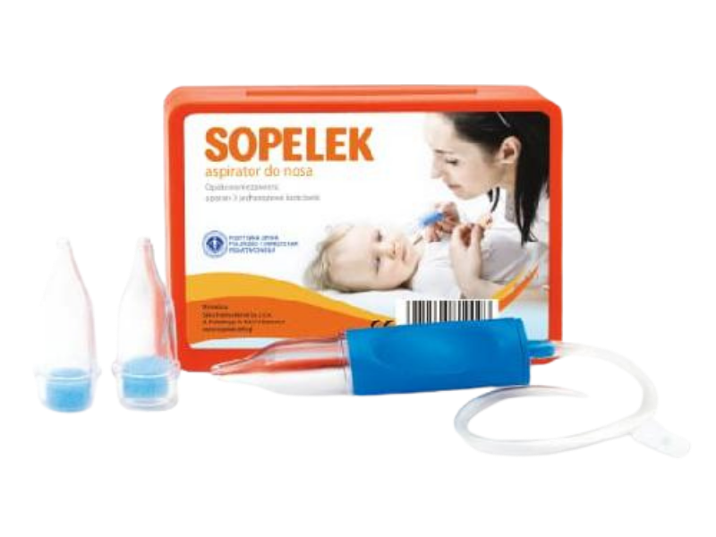 Zdjęcie przedstawia wyrób medyczny SOPELEK Aspirator do nosa + 3 jednorazowe końcówki.