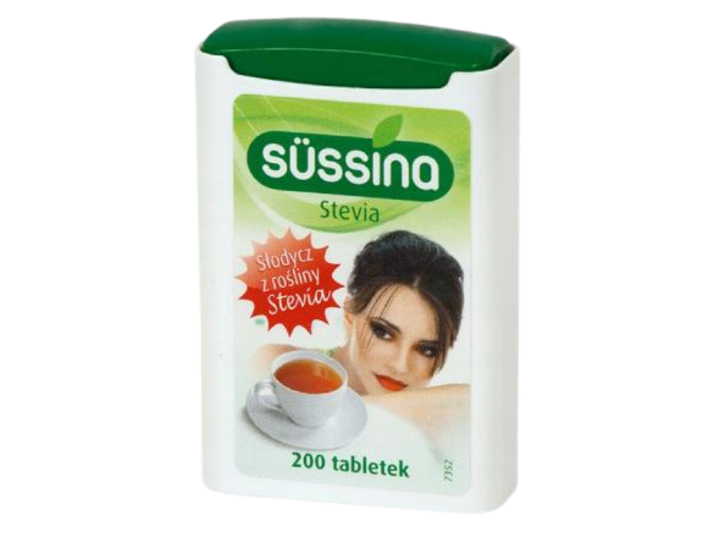 Zdjęcie przedstawia środek spożywczy Stevia Sussina słodzik, tabletki.