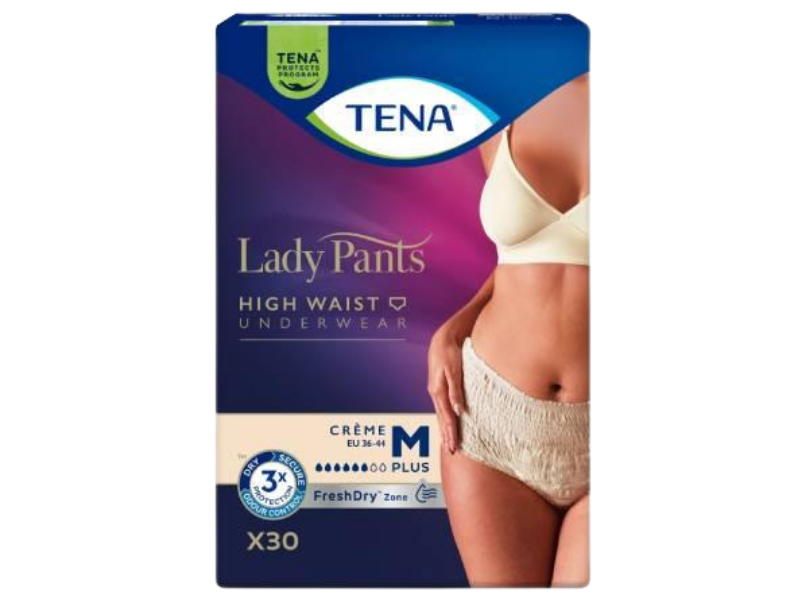 Zdjęcie przedstawia wyrób medyczny Tena Lady Pants Plus Crème Bielizna chłonna dla kobiet, pieluchomajtki.