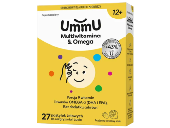 Zdjęcie przedstawia suplement diety UmmU Multiwitamina & Omega 12+, pastylki żelowe.