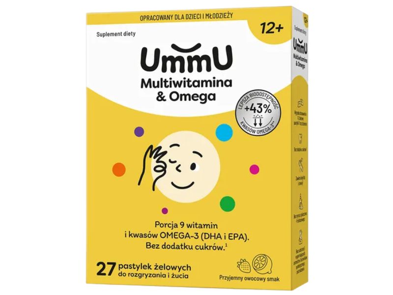 Zdjęcie przedstawia suplement diety UmmU Multiwitamina & Omega 12+, pastylki żelowe.