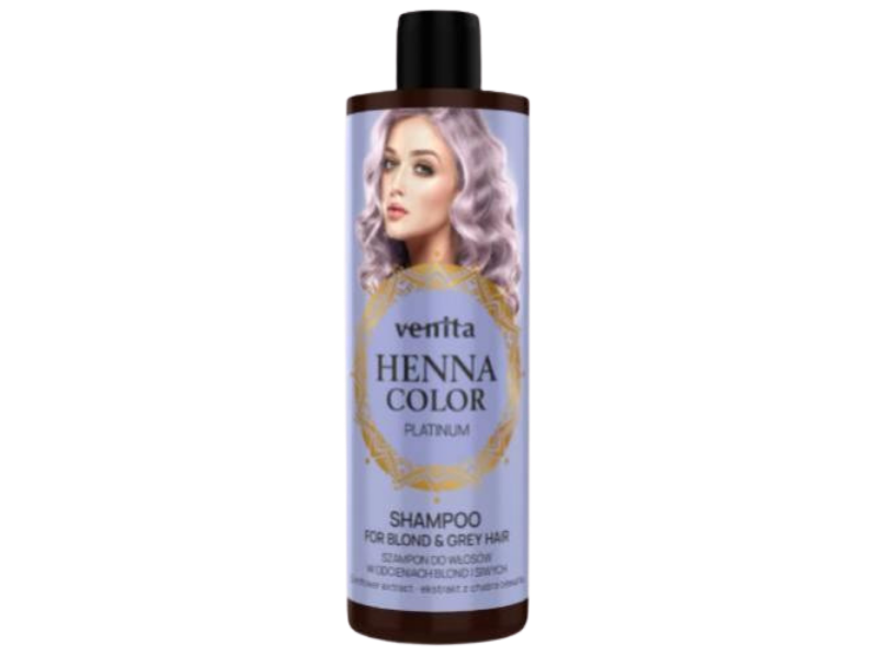 Zdjęcie przedstawia kosmetyk VENITA Henna Color Platinum Szampon do włosów w odcieniach blond i siwych.